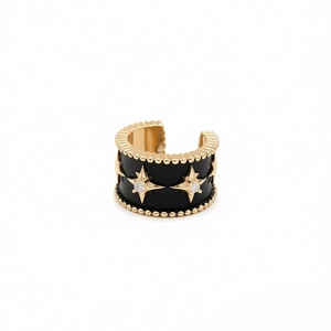 Manchette d'oreille à motif d'étoiles avec émail noir et finition en perles d'or