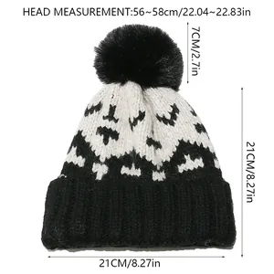 Detailed size chart for mohair knit beanie with geometric pattern and pom pom top