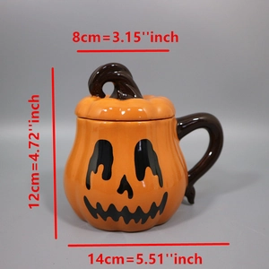 Halloween pumpkin ceramic mug with lid and dimensions 12cm height by 14cm width