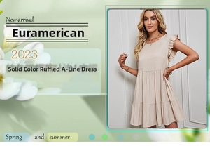Detail view of the elegant tiered ruffle sleeves and round neck on this beige A-line dress