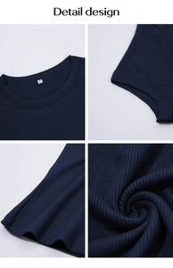 Detail view of dark blue ribbed knit fabric, crew neck design and size S label