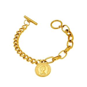 Gold-tone titanium steel coin bracelet with Queen Elizabeth pendant and toggle closure