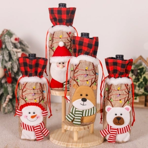 Christmas Wine Bottle Covers Burlap Buffalo Plaid Faux Fur Trim Santa Snowman Reindeer Bear Holiday Party Table Decor