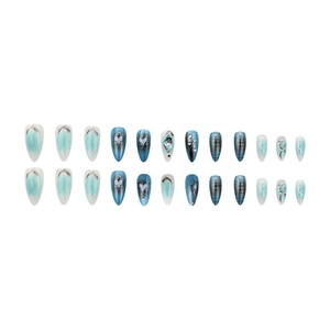 Blue gradient press-on nails with silver hearts, pearls, and rhinestones, 24-piece set