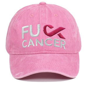 Berretto da baseball in cotone rosa lavato con ricamo Fuck Cancer e nastro rosa