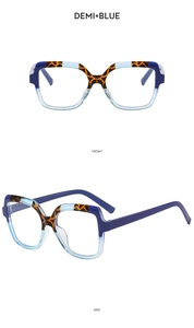 Front and side views of stylish square frames in demi tortoise and translucent blue