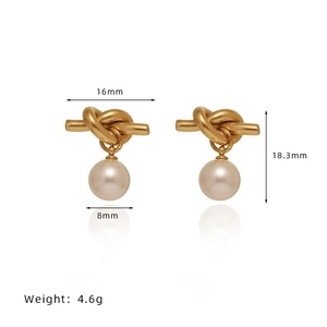 Detailed view of 18K gold knot earrings with 8mm pearl drops and dimensions info