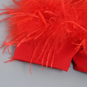Detailed macro view of bright red knit fabric with soft feather trim on a dress sleeve