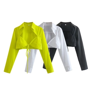 Chemise Courte Femme Sexy Découpe à Lacets Col Rabattu Manches Longues Blouse en Polyester Streetwear Haut Décontracté