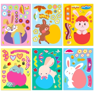 Detailed views of 6-pack Easter bunny and egg DIY puzzle stickers for kids' holiday fun