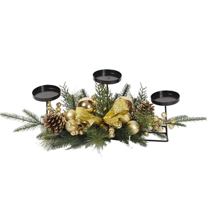 Christmas candle holder with gold balls pine cones and green needles for table decor
