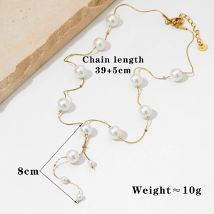Collier élégant en Y en acier inoxydable doré avec perles blanches et pendentif de 8 cm