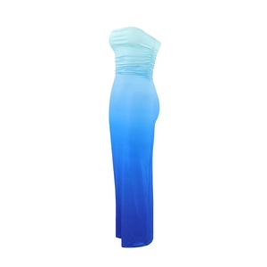 Close-up of ruched detail and blue gradient effect on a strapless tube midi dress