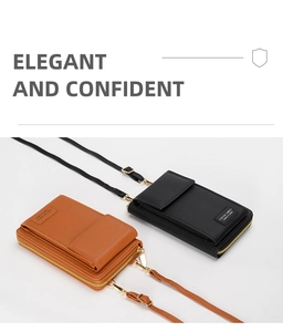 Detailed view of textured PU leather phone bags in brown and black with gold hardware