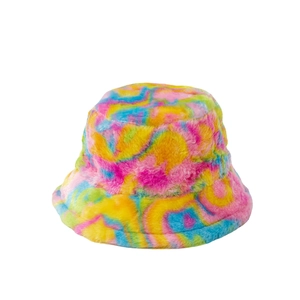Colorful tie-dye plush bucket hat made of soft faux fur with bright swirl patterns