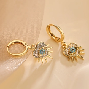 18K gold plated heart earrings with evil eye motif and blue zircon gemstones