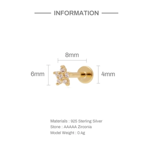 Detail view of gold star S925 silver stud earring with size specs and AAAAA zircon stone