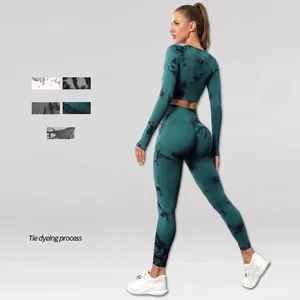 Ensemble de Yoga Sans Couture Tie-Dye pour Femmes Haut Court à Manches Longues de Sport et Leggings Taille Haute Remonte-Fesses pour Fitness Entraînement