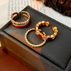 Vintage Copper Gold Plated Open Rings For Women Retro Red Enamel Heart Zircon Beaded Adjustable Finger Jewelry