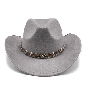 Close-up of gray felt fedora hat featuring a woven band with a blue evil eye charm detail