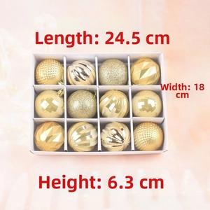 Close-up of 12-piece Christmas ball set in gold tones with specific packaging dimensions