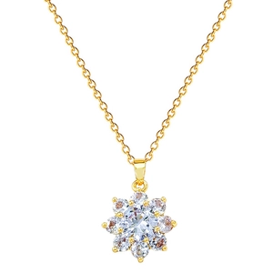 Elegant gold flower necklace with sparkling zircon crystals and delicate steel chain