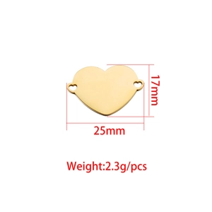 Gold stainless steel heart pendant with two holes, size 25mm x 17mm and weight 2.3g