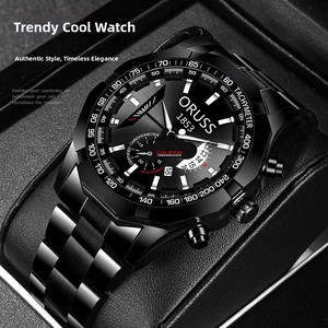 Detail of multi-functional black steel chronograph watch with tachymeter on watch box