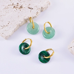 Chinese style gold hoop earrings with natural green jade and malachite stone pendants