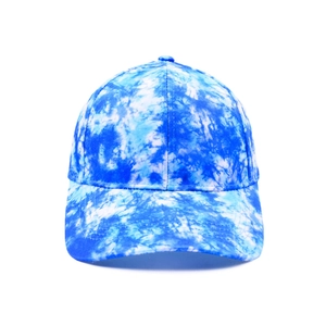 Detail showing blue and white tie-dye pattern on breathable six-panel baseball cap