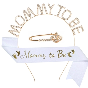 Three-piece Mommy to Be set with gold rhinestone headband and white printed satin sash