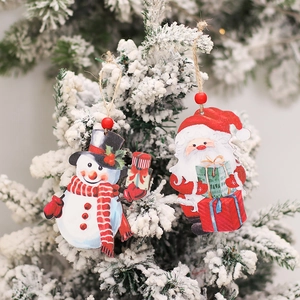 Christmas tree wooden ornaments featuring Santa and Snowman designs with red beads