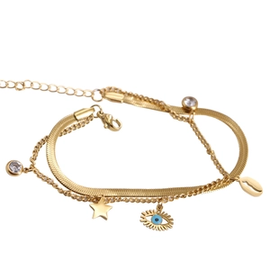Gold double-layered necklace with devil's eye, stars, and shell charms on white background