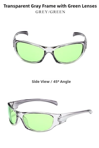 Détail macro des lunettes de soleil sport Y2K monture grise transparente et verres verts