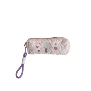 Pink quilted embroidery pencil case with cute puppy tulip design and purple wrist strap