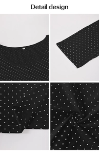 Détail du col rond, de l'étiquette taille M et des pois blancs sur tissu noir