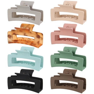 Grid view of 8 matte rectangular hair claws in various colors on a white background
