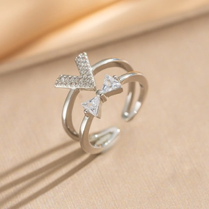 Silver adjustable double-layer ring with V-shaped pavé zircon and bowknot design