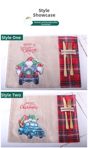 Linen Christmas placemats with festive gnomes, red trucks and cutlery pocket detail
