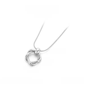 Detail view of silver snake chain with 16mm twisted ring pendant and size parameters