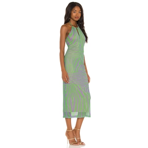 Sleeveless halter neck bodycon dress featuring purple and green zebra print patterns