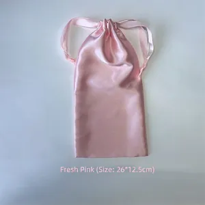 Satin drawstring pouch in fresh pink for sleep masks, measuring 26 by 12.5cm