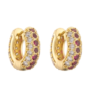 Luxury gold round hoop earrings featuring micro-paved red and clear sparkling crystals