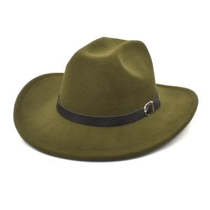 Detail of army green wool felt fedora hat featuring a brown leather belt with metal buckle