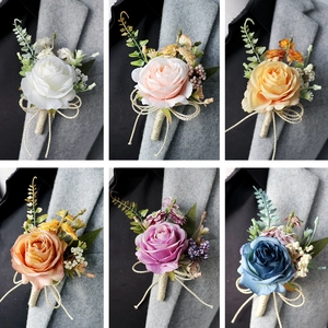 Artificial Rose Boutonniere Satin Flower Berries Hemp Rope Decor Wedding Prom Party Groom Groomsman Accessory Retro Elegant