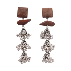 Ethnic bohemian drop earrings featuring square wood studs and silver jhumka tassels