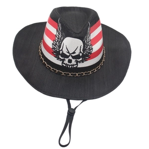 Western straw cowboy hat with American flag stripes and winged skull emblem in black finish