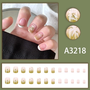 New Chinese style green gradient press-on nails with bamboo leaf art and French tips