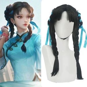Detail of black synthetic double ponytail wig with blue ribbon braids for cosplay