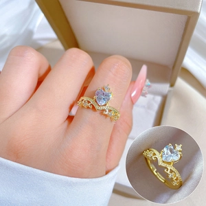 Heart Crown Ring Copper With Zircon Gold Plating Adjustable Opening Simple Romantic Jewelry Gift For Women